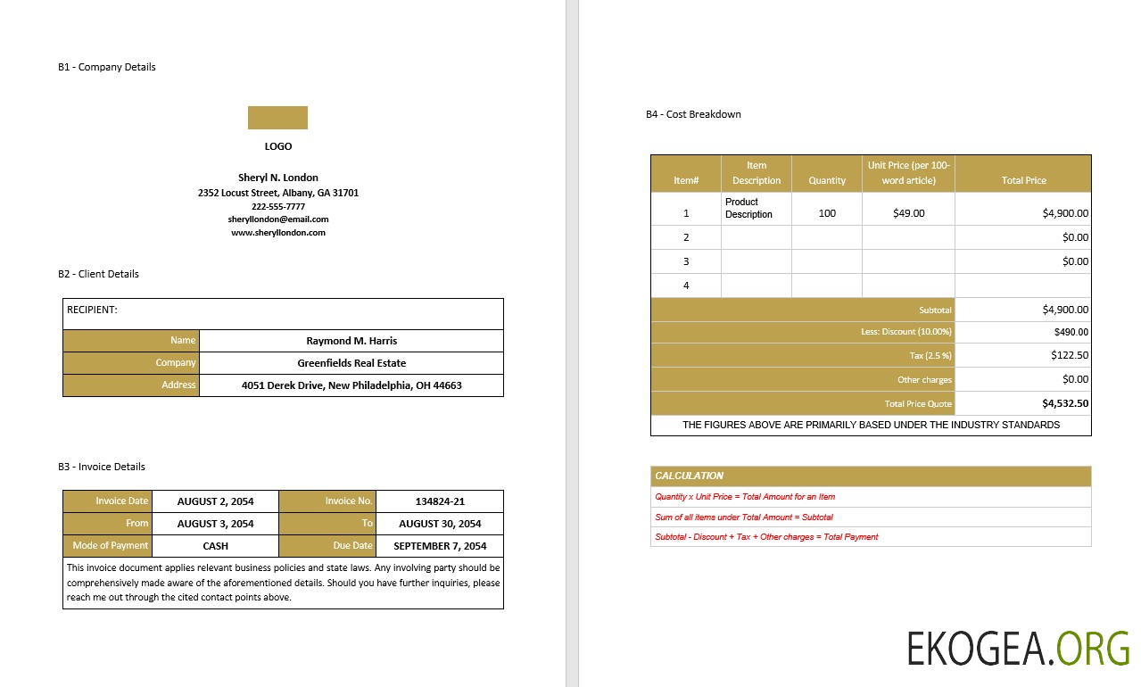 Modèle de facture de rédacteur professionnel indépendant